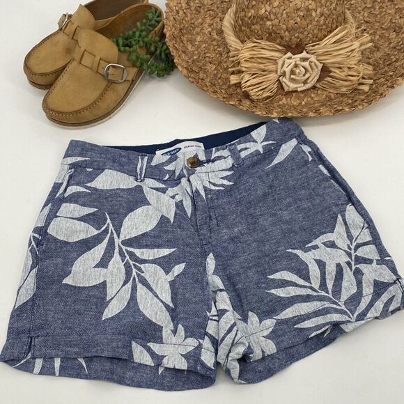 Old Navy Everyday Shorts Linen Blend Tropical Hawaiian Print Chambray Pockets Bl - Picture 1 of 10